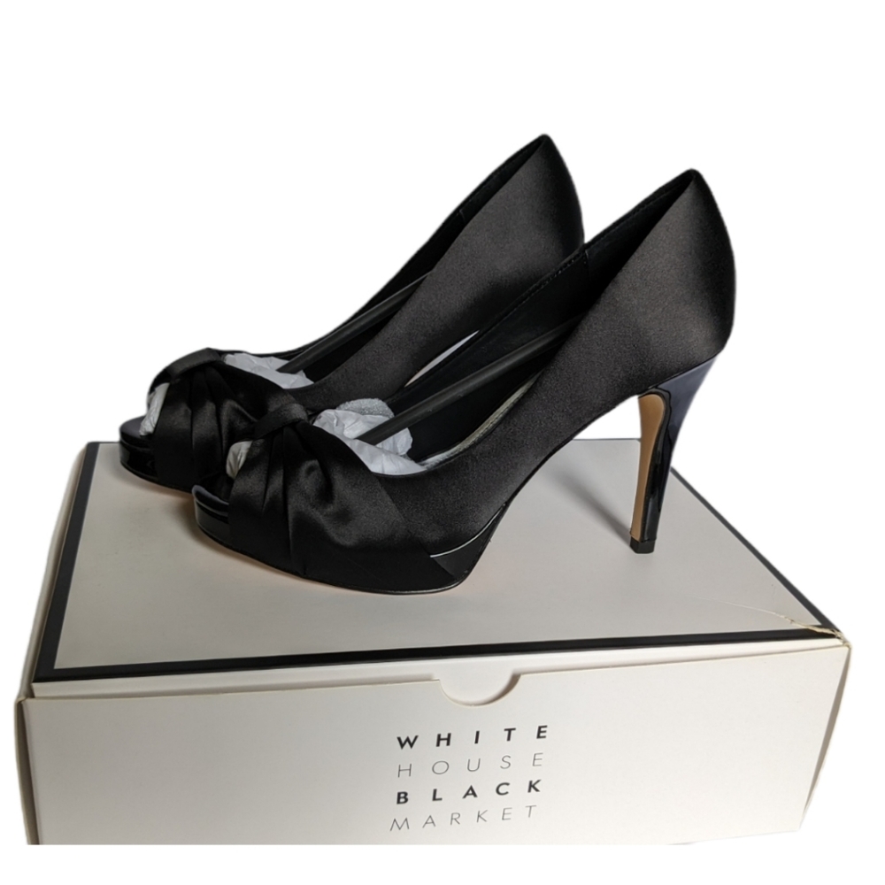 White House Black Market Womens Classic Pumps Sz 6.5M Black Satin Peep Toe Heel
